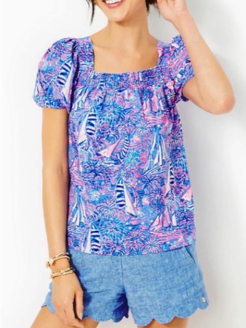 Lilly Pulitzer size 10 Keating top in blue, pink & white tropical print. Size 10
